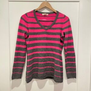 C. Cashmere Womens 100% Cashmere V-Neck Striped Sweater Pink Grey Size M